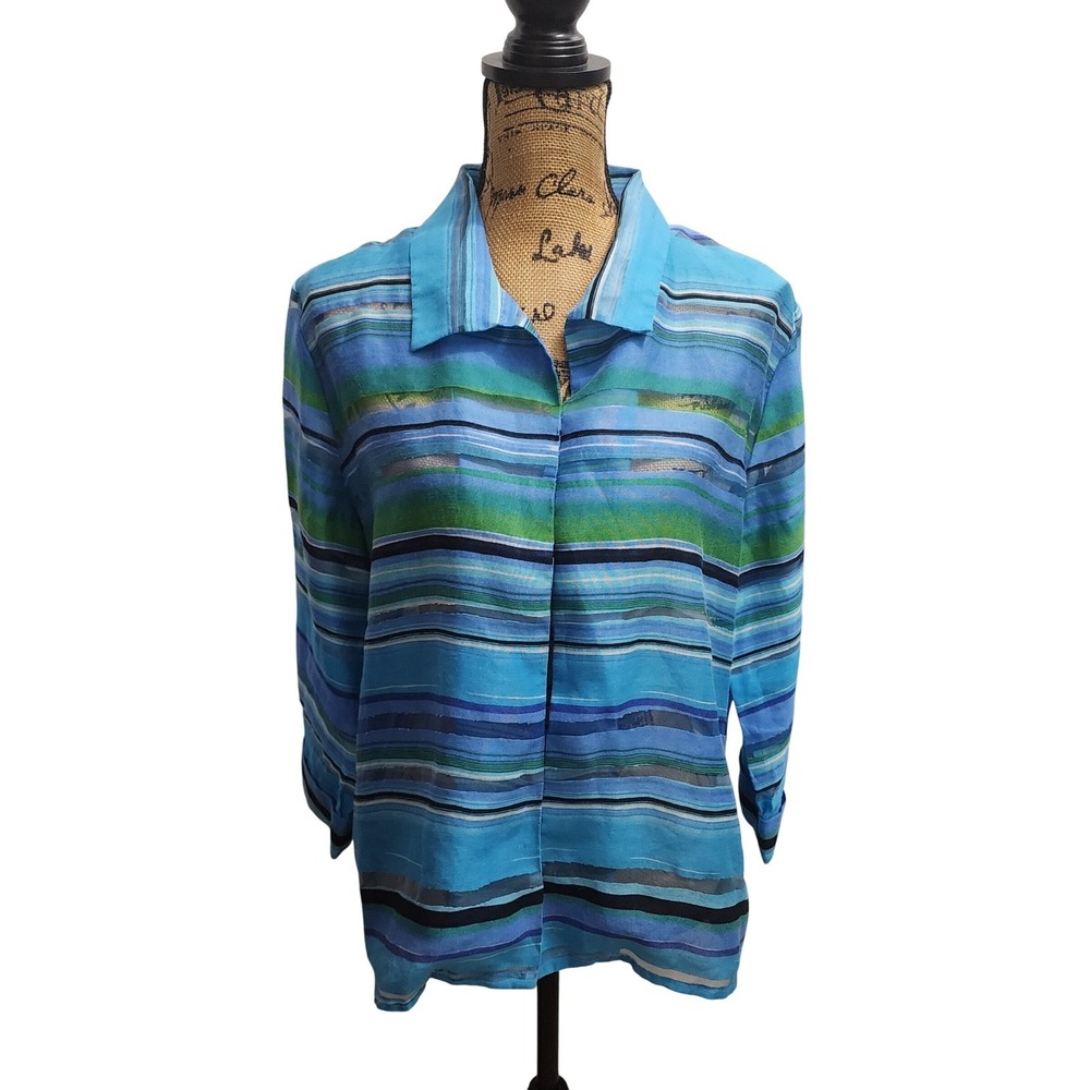 Chicos Women's Blue Green Striped Button Down Shirt Blouse Size 2 Sheer